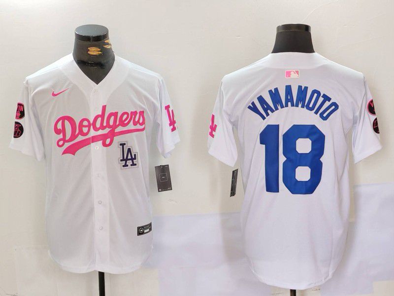Men Los Angeles Dodgers #18 Yamamoto White pink joint name 2024 Nike MLB Jersey style 5->los angeles dodgers->MLB Jersey